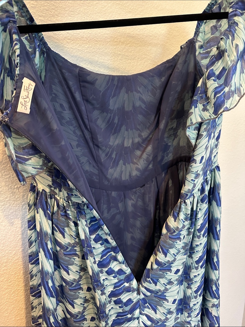 LoveShackFancy 100% Silk Blue Floral Off Shoulder Ruffle Dress Size 1 - Picture 16 of 17